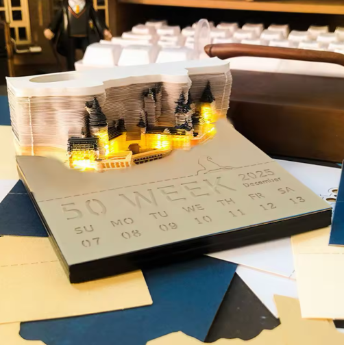 Calendário Castelo Mágico Hogwarts 3D com Luz - 2025